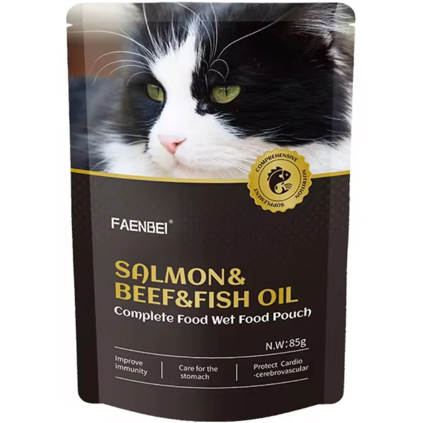 پوچ گربه فنبی طعم سالمون و گوشت با روغن ماهی 85 گرم